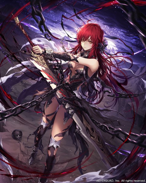 Anime picture 640x800 with dragon's shadow wanke single long hair tall image looking at viewer fringe breasts light erotic hair between eyes standing bare shoulders holding yellow eyes sky cleavage cloud (clouds) ahoge red hair night