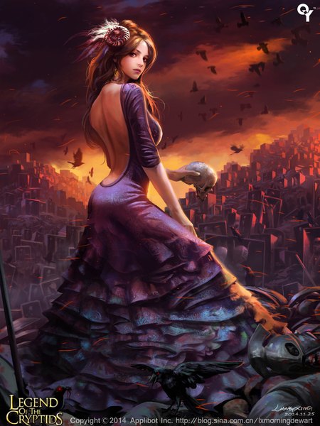 Anime picture 1500x2000 with legend of the cryptids liang xing single long hair tall image looking at viewer fringe open mouth red eyes brown hair standing holding signed outdoors looking back lips from behind realistic copyright name text