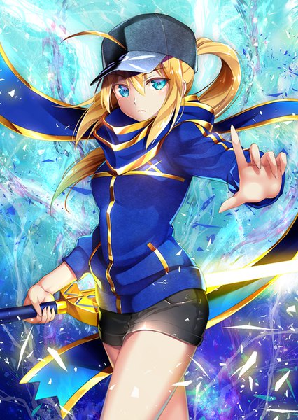 Anime picture 1000x1409 with fate (series) fate/grand order fate/stay night artoria pendragon (all) saber mysterious heroine x (fate) suishougensou single long hair tall image looking at viewer fringe blue eyes blonde hair hair between eyes payot ahoge ponytail outstretched arm girl