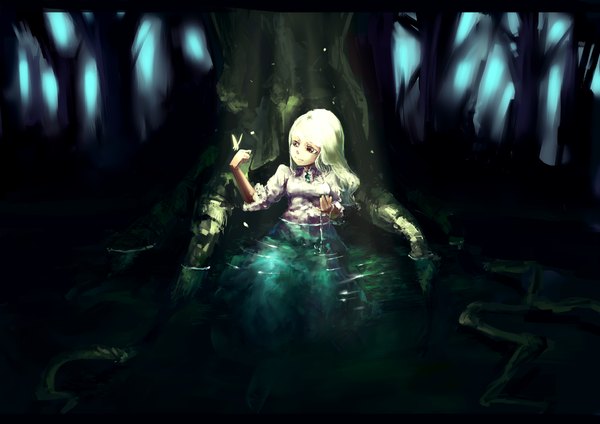 Anime picture 1200x849 with sound horizon relax (artist) single long hair blonde hair smile red eyes partially submerged girl dress plant (plants) tree (trees) water insect butterfly forest