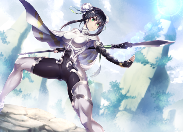 Anime picture 1200x867 with fate (series) fate/grand order qin liangyu (fate) tomoyohi single blush fringe short hair breasts light erotic black hair hair between eyes standing holding green eyes payot looking away sky cloud (clouds) outdoors