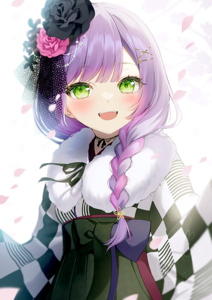 Anime picture 1003x1417 with virtual youtuber hololive tokoyami towa tokoyami towa (2nd costume) luna (mi-chanman) single long hair tall image looking at viewer blush open mouth purple hair upper body braid (braids) traditional clothes :d japanese clothes official alternate costume single braid checkered