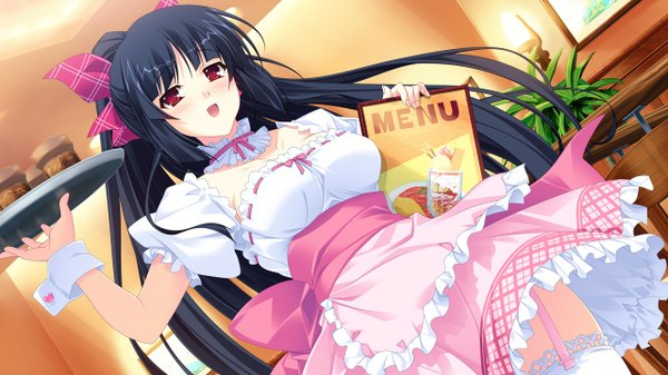 Anime picture 1280x720 with kimi wo aogi otome wa hime ni takamine kana long hair open mouth light erotic black hair red eyes wide image game cg maid girl