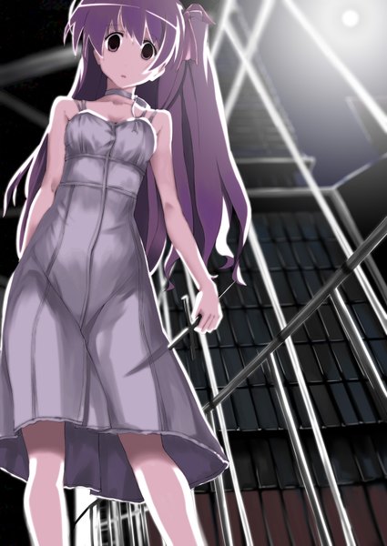 Anime picture 1254x1771 with chaos;head sakihata rimi asterism single long hair tall image looking at viewer purple hair ponytail from below sleeveless crazy eyes girl dress ribbon (ribbons) hair ribbon choker knife fence