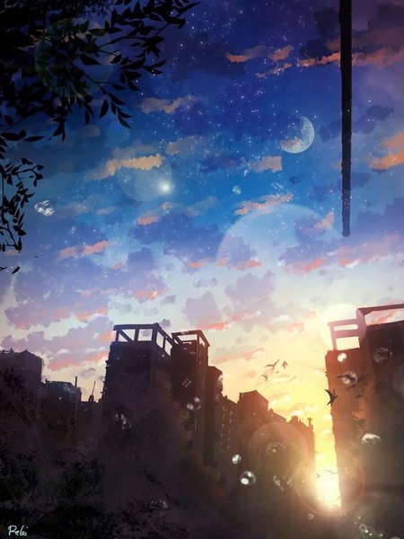 Anime picture 640x853 with original byakuya reki tall image signed cloud (clouds) sunlight night from below night sky lens flare city cityscape flying no people landscape morning sunrise plant (plants) animal tree (trees)