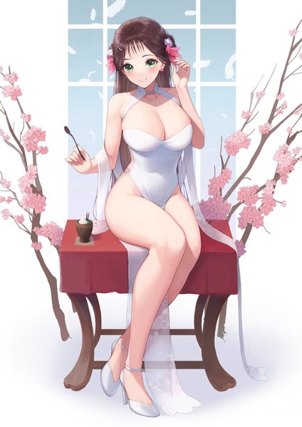 Anime picture 1654x2339 with original minato asuka single long hair tall image looking at viewer blush fringe breasts light erotic smile brown hair large breasts sitting bare shoulders holding green eyes looking away full body bent knee (knees)