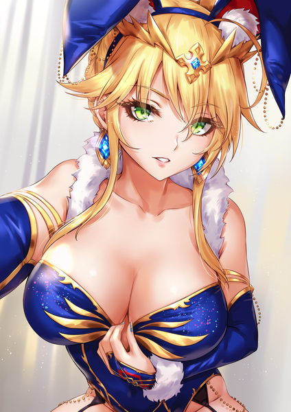 Anime picture 1200x1697 with fate (series) fate/grand order artoria pendragon (all) artoria pendragon (lancer) sakiyamama single tall image looking at viewer blush fringe short hair breasts light erotic blonde hair hair between eyes large breasts bare shoulders green eyes animal ears payot