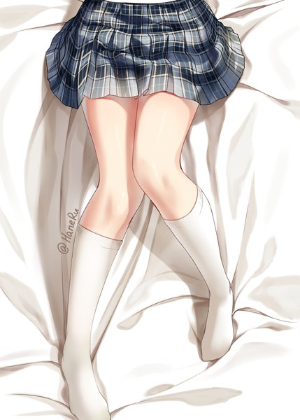 Anime picture 1200x1679 with original haneru single tall image signed bent knee (knees) pleated skirt no shoes legs twitter username plaid skirt head out of frame girl skirt socks white socks