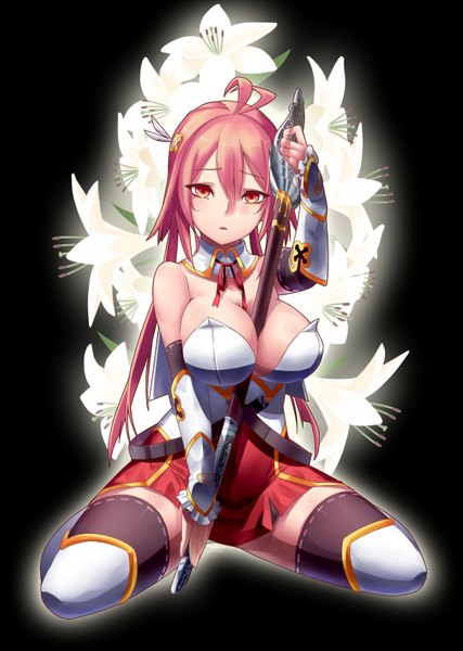 Anime picture 1200x1687 with original dev (dev0614) single long hair tall image looking at viewer blush breasts open mouth light erotic simple background red eyes large breasts bare shoulders cleavage ahoge red hair black background between breasts girl