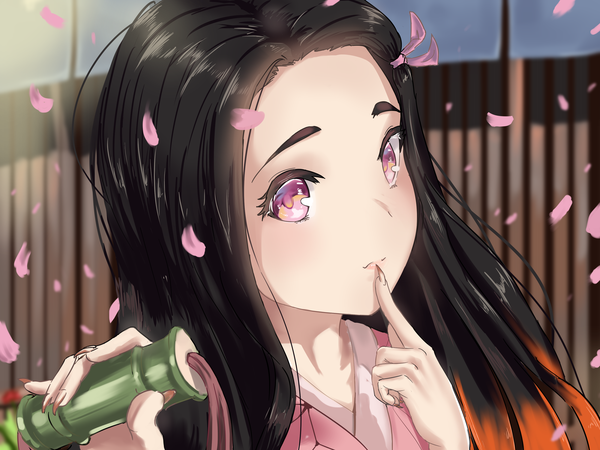 Anime picture 3200x2400 with kimetsu no yaiba ufotable kamado nezuko sashaalex single long hair looking at viewer blush highres black hair purple eyes holding absurdres upper body outdoors traditional clothes japanese clothes pink eyes multicolored hair fingernails