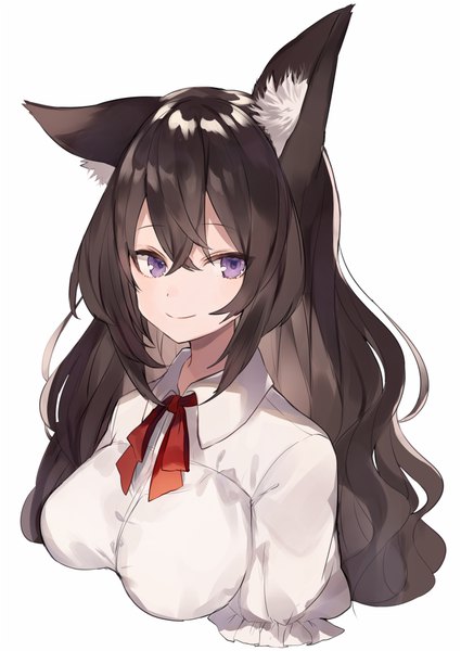Anime picture 700x988 with original shugao single long hair tall image looking at viewer blush fringe breasts black hair simple background smile hair between eyes white background purple eyes animal ears payot upper body fox ears girl