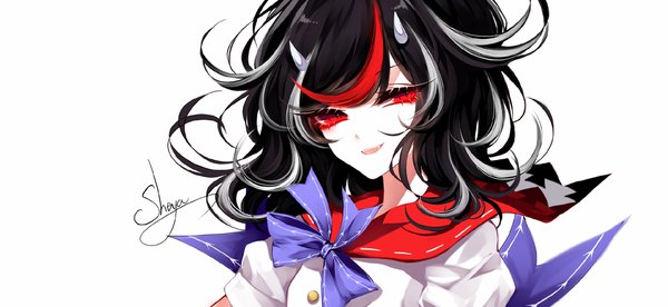Anime picture 2048x944 with touhou kijin seija sheya single looking at viewer highres short hair open mouth black hair simple background red eyes wide image white background signed upper body :d multicolored hair horn (horns) streaked hair girl