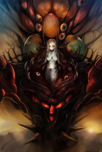 Anime picture 1500x2232 with original aka tonbo (lovetow) single long hair tall image looking at viewer breasts open mouth blue eyes light erotic smile red eyes large breasts standing brown eyes green eyes looking away teeth fang (fangs) looking down