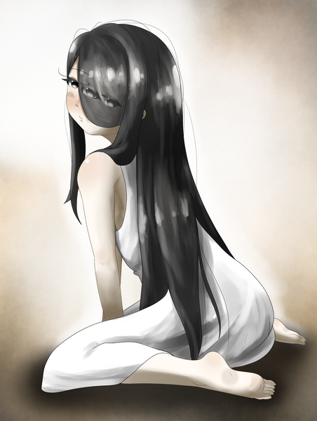 Anime picture 2894x3844 with original kakiagemaru single long hair tall image looking at viewer highres black hair simple background sitting full body barefoot black eyes leaning leaning forward turning head wariza hair over shoulder hair over eyes girl