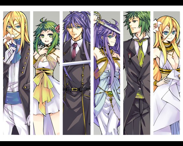 Anime picture 1280x1024 with vocaloid gumi kamui gakupo lily (vocaloid) gumo gakuko long hair looking at viewer fringe short hair breasts open mouth blue eyes blonde hair smile multiple girls green eyes looking away purple hair ponytail
