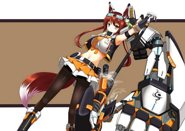 Anime picture 1000x707 with original fatkewell long hair brown hair twintails animal ears yellow eyes animal tail midriff mechanical parts girl navel weapon miniskirt pantyhose glasses black pantyhose
