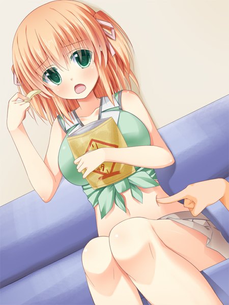 Anime picture 750x1000 with original asa no ha single tall image blush short hair open mouth blonde hair sitting bare shoulders green eyes girl couch chips