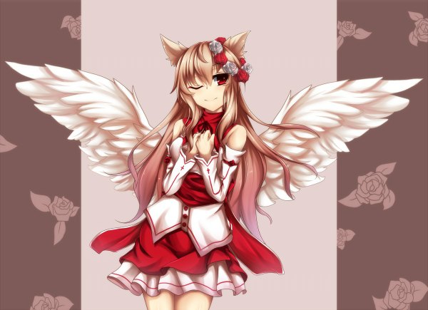 Anime picture 1200x870 with sword art online a-1 pictures yuuki asuna fi-san single fringe breasts smile red eyes brown hair animal ears fox ears angel wings white wings girl skirt flower (flowers) wings rose (roses) leaf (leaves)