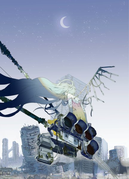 Anime picture 1000x1387 with original kurohal single tall image sitting outdoors very long hair wind from behind aqua hair strap slip crescent ruins doll joints post-apocalyptic girl plant (plants) wings moon star (stars)