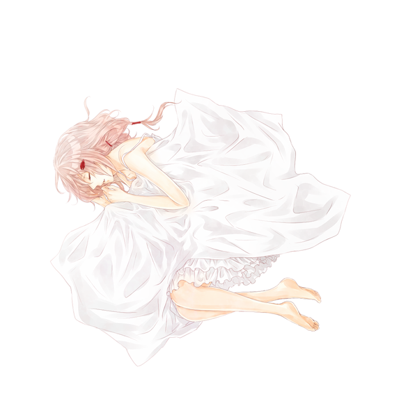 Anime picture 963x1008 with guilty crown production i.g yuzuriha inori yoma (pixiv) single long hair tall image open mouth simple background white background pink hair lying eyes closed barefoot embryo's pose girl dress hair ornament frills white dress