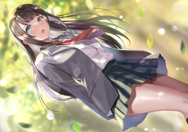 Anime picture 4336x3060 with original sakamuke single long hair looking at viewer blush fringe highres open mouth blue eyes black hair standing absurdres outdoors blunt bangs long sleeves pleated skirt multicolored hair blurry open clothes