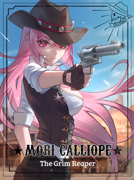 Anime picture 1000x1343 with virtual youtuber hololive hololive english mori calliope mori calliope (sheriff) jyuma single long hair tall image fringe breasts light erotic hair between eyes large breasts looking away pink hair pink eyes character names official alternate costume framed