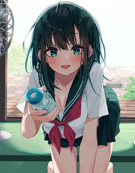 Anime picture 2480x3176 with original munseonghwa single long hair tall image looking at viewer blush fringe highres breasts open mouth black hair smile hair between eyes holding green eyes cleavage indoors :d pleated skirt