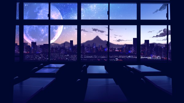 Anime picture 1920x1080 with original smile (qd4nsvik) highres wide image sky cloud (clouds) indoors mountain classroom morning sunrise panorama window building (buildings) planet