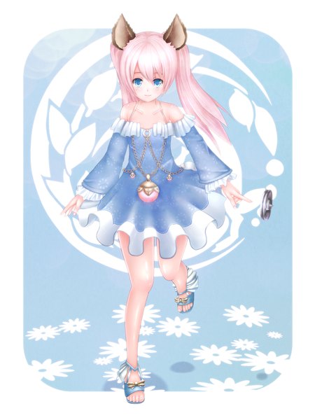 Anime picture 1350x1800 with tera online hono mochizuki single long hair tall image blush blue eyes twintails animal ears pink hair girl dress sandals