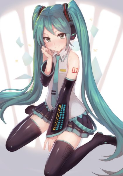 Anime picture 800x1140 with vocaloid hatsune miku meto31 single tall image looking at viewer blush twintails bare shoulders green eyes very long hair pleated skirt green hair light smile tattoo kneeling girl thighhighs skirt black thighhighs