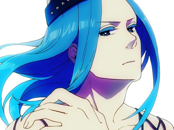 Anime picture 800x600 with jojo no kimyou na bouken narciso anasui maguro (ma-glo) single long hair looking at viewer blue eyes simple background white background blue hair portrait boy hat