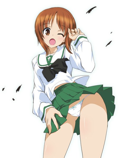 Anime picture 848x1000 with girls und panzer nishizumi miho ouhashi single tall image blush short hair open mouth light erotic simple background brown hair white background brown eyes one eye closed wink skirt lift girl underwear panties