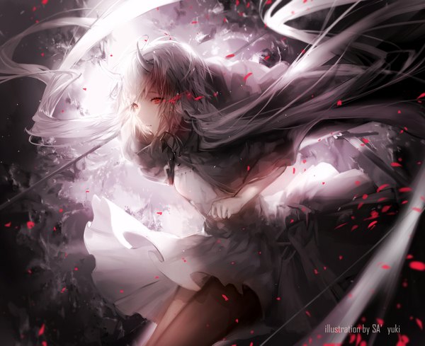 Anime picture 1748x1425 with original sa'yuki single fringe highres red eyes holding looking away purple hair very long hair horn (horns) floating hair oni horns girl weapon petals sword