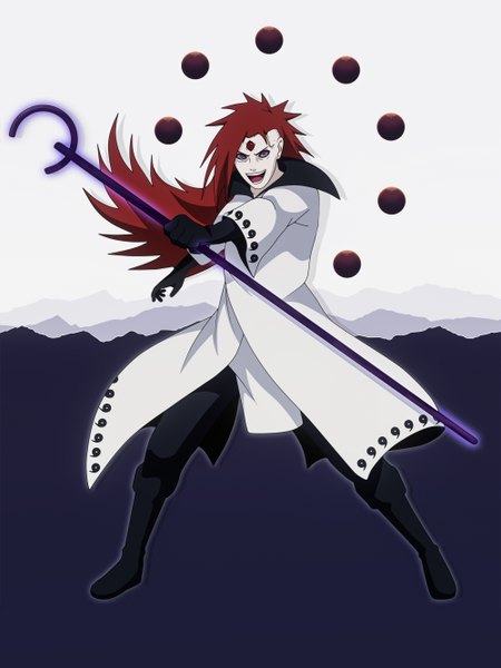 Anime picture 2000x2667 with naruto studio pierrot naruto (series) uchiha madara anvmadara single long hair tall image looking at viewer highres open mouth smile purple eyes red hair coloring magic rinnegan boy cloak knee boots
