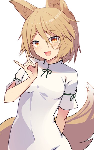 Anime picture 1748x2800 with touhou kudamaki tsukasa e.o. single tall image fringe highres short hair open mouth simple background blonde hair hair between eyes white background animal ears yellow eyes upper body tail :d animal tail fox ears