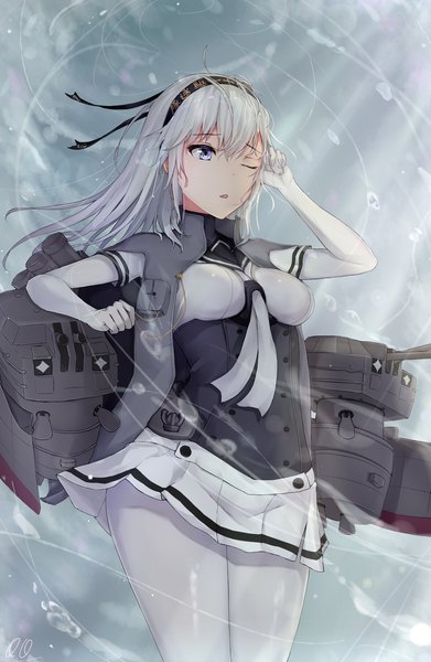 Anime picture 1487x2279 with kantai collection suzutsuki (kancolle) chou-10cm-hou-chan (suzutsuki's) sherryqq single long hair tall image fringe hair between eyes purple eyes signed looking away silver hair ahoge parted lips pleated skirt one eye closed wind underbust girl