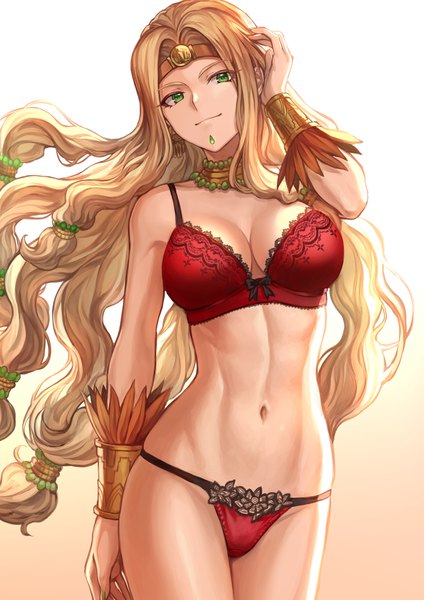 Anime picture 1302x1842 with fate (series) fate/grand order quetzalcoatl (fate) mashuu (neko no oyashiro) single long hair tall image looking at viewer fringe breasts light erotic simple background standing green eyes cleavage nail polish fingernails light smile underwear only gradient background