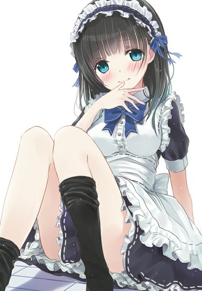 Anime picture 600x864 with original maigoyaki single long hair tall image blush fringe breasts blue eyes black hair simple background smile white background sitting bent knee (knees) maid embarrassed finger to mouth girl uniform