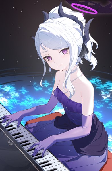 Anime picture 3012x4590 with blue archive hina (blue archive) hina (dress) (blue archive) chiyo akira single long hair tall image looking at viewer highres smile sitting purple eyes absurdres silver hair horn (horns) official alternate costume playing instrument girl dress gloves