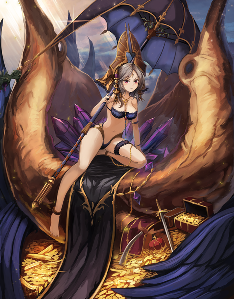 Anime picture 1200x1526 with granblue fantasy manonas eruthika single tall image looking at viewer blush short hair breasts light erotic red eyes holding cloud (clouds) full body barefoot grey hair sunlight arm support sparkle wavy hair
