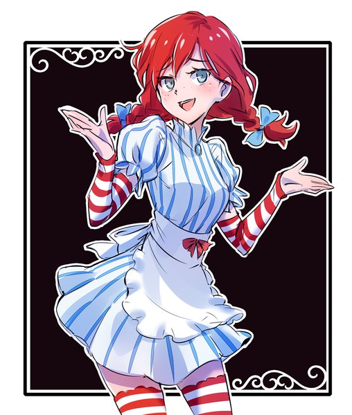 Anime picture 800x945 with wendy's wendy chan iesupa single long hair tall image looking at viewer blush fringe smile standing red hair braid (braids) grey eyes puffy sleeves twin braids border spread arms striped arched back