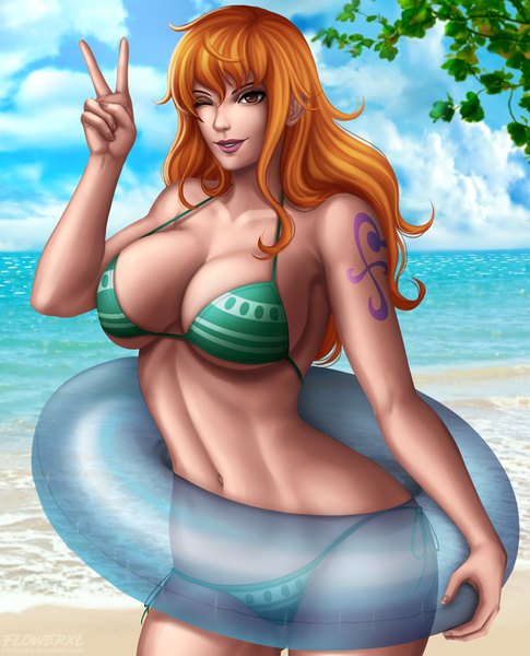 Anime picture 728x900 with one piece toei animation nami (one piece) flowerxl single long hair tall image looking at viewer fringe breasts light erotic hair between eyes large breasts standing bare shoulders brown eyes signed sky cleavage cloud (clouds)