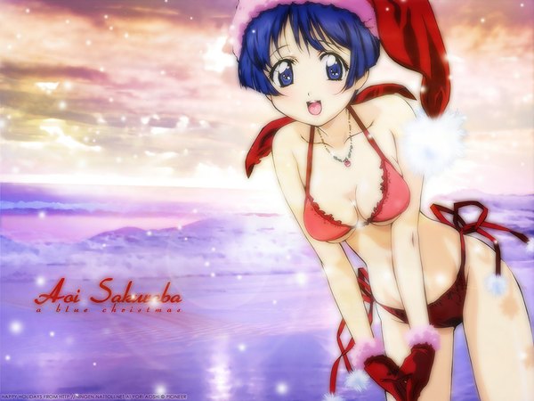 イラスト 1024x768 と 藍より青し j.c. staff sakuraba aoi 赤面 青い目 light erotic 青い髪 クリスマス 手袋 水着 帽子 ビキニ (水着) サンタクロースハット サイドタイパンティー サンタクロース衣装 赤ビキニ
