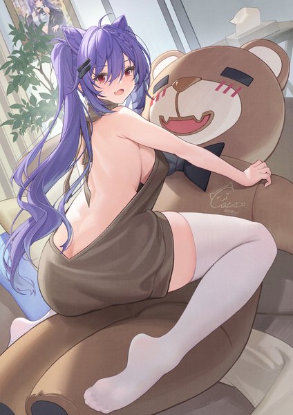Anime-Bild 2828x4000 mit genshin impact keqing (genshin impact) youxuemingdie single long hair tall image blush fringe highres breasts open mouth light erotic smile hair between eyes red eyes large breasts twintails signed payot purple hair