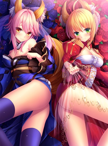 Anime picture 741x1000 with fate (series) fate/extra nero claudius (fate) tamamo (fate) (all) nero claudius (fate/extra) tamamo no mae (fate) toshi (1-147) long hair tall image looking at viewer blush short hair breasts light erotic blonde hair smile multiple girls green eyes animal ears yellow eyes