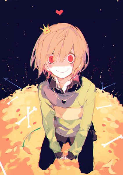 Anime picture 744x1052 with undertale chara (undertale) mii (chibinomi) single tall image looking at viewer fringe short hair smile hair between eyes red eyes brown hair from above shaded face slit pupils androgynous heart pendant crown mini crown