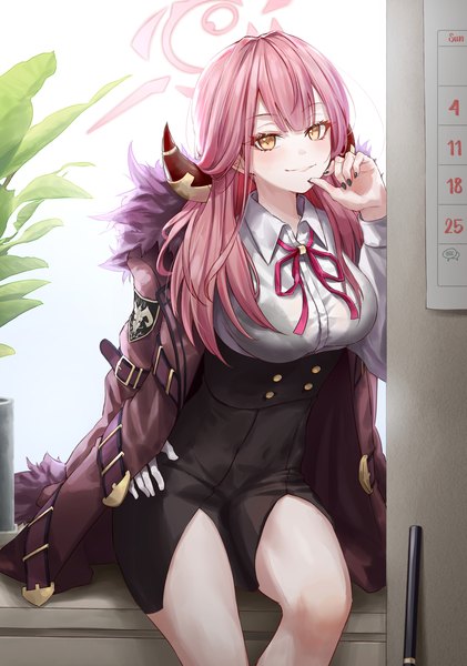 Anime picture 2954x4213 with blue archive aru (blue archive) ildy single long hair tall image looking at viewer highres light erotic sitting yellow eyes pink hair indoors nail polish horn (horns) black nail polish clothes on shoulders underbust girl skirt
