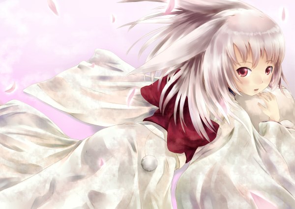 Anime picture 2480x1753 with original yoi (tokoyoi) single long hair blush highres red eyes japanese clothes grey hair girl bow petals kimono