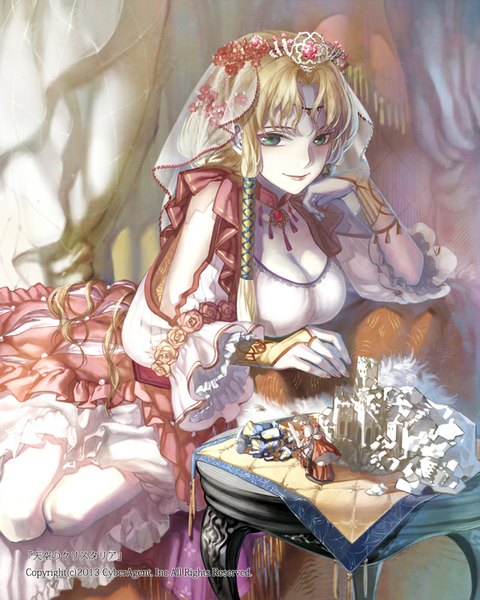 Anime picture 640x800 with original newrein (artist) single long hair tall image looking at viewer fringe breasts blonde hair smile green eyes cleavage indoors braid (braids) nail polish hair flower fingernails lips wide sleeves reclining