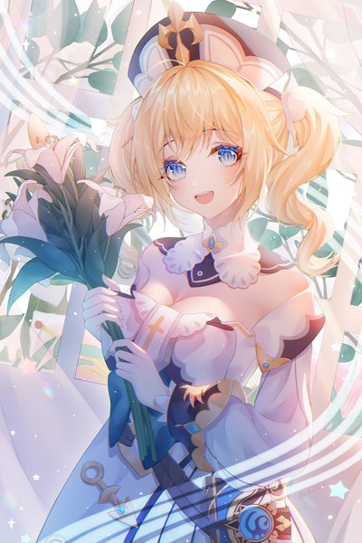 Anime picture 3600x5400 with genshin impact barbara (genshin impact) nalukikiki single long hair tall image looking at viewer highres open mouth blue eyes blonde hair twintails absurdres cleavage upper body :d girl flower (flowers) hat detached sleeves